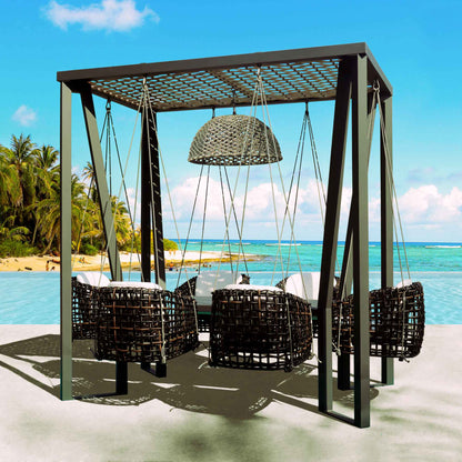 Horizon 8FT Pergola with Lamp, Dynasty Hanging Chairs & Aluminum Table