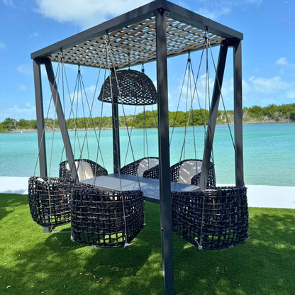 Horizon 8FT Pergola with Lamp, Dynasty Hanging Chairs & Aluminum Table
