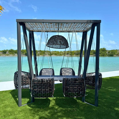 Horizon 8FT Pergola with Lamp, Dynasty Hanging Chairs & Aluminum Table