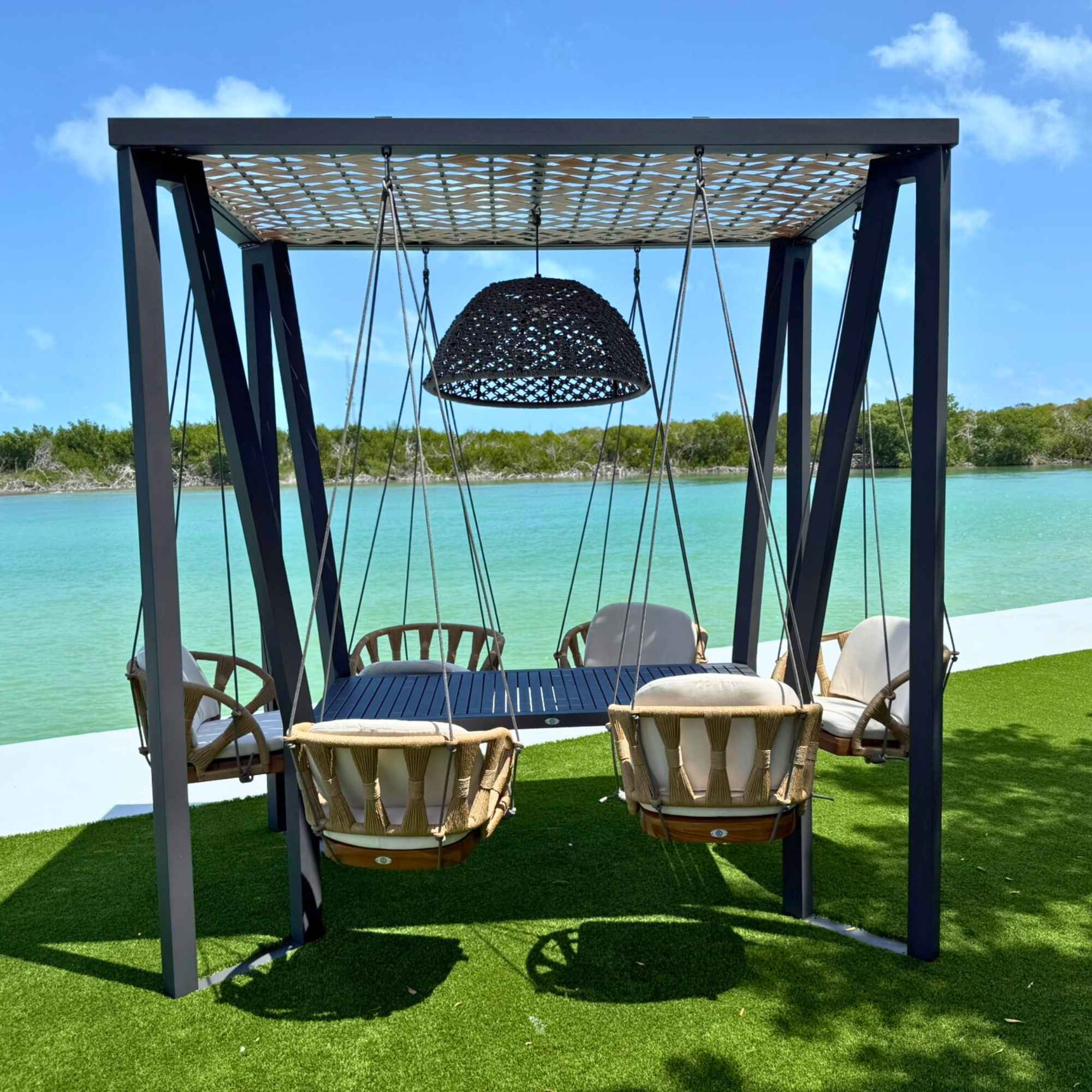 Horizon 8FT Pergola with Lamp, Krabi Hanging Chairs & Aluminum Table